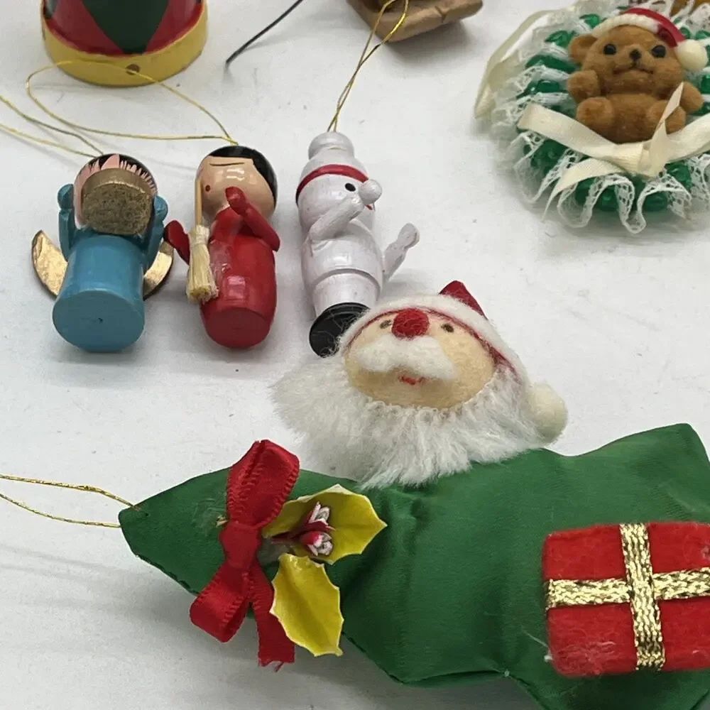 Vintage Lot Of 16 Christmas Ornaments Wooden Flocked Assorted MCM Nutcracker